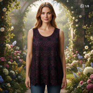 Love & Legend plum floral lace appliqué sheer top 1X
